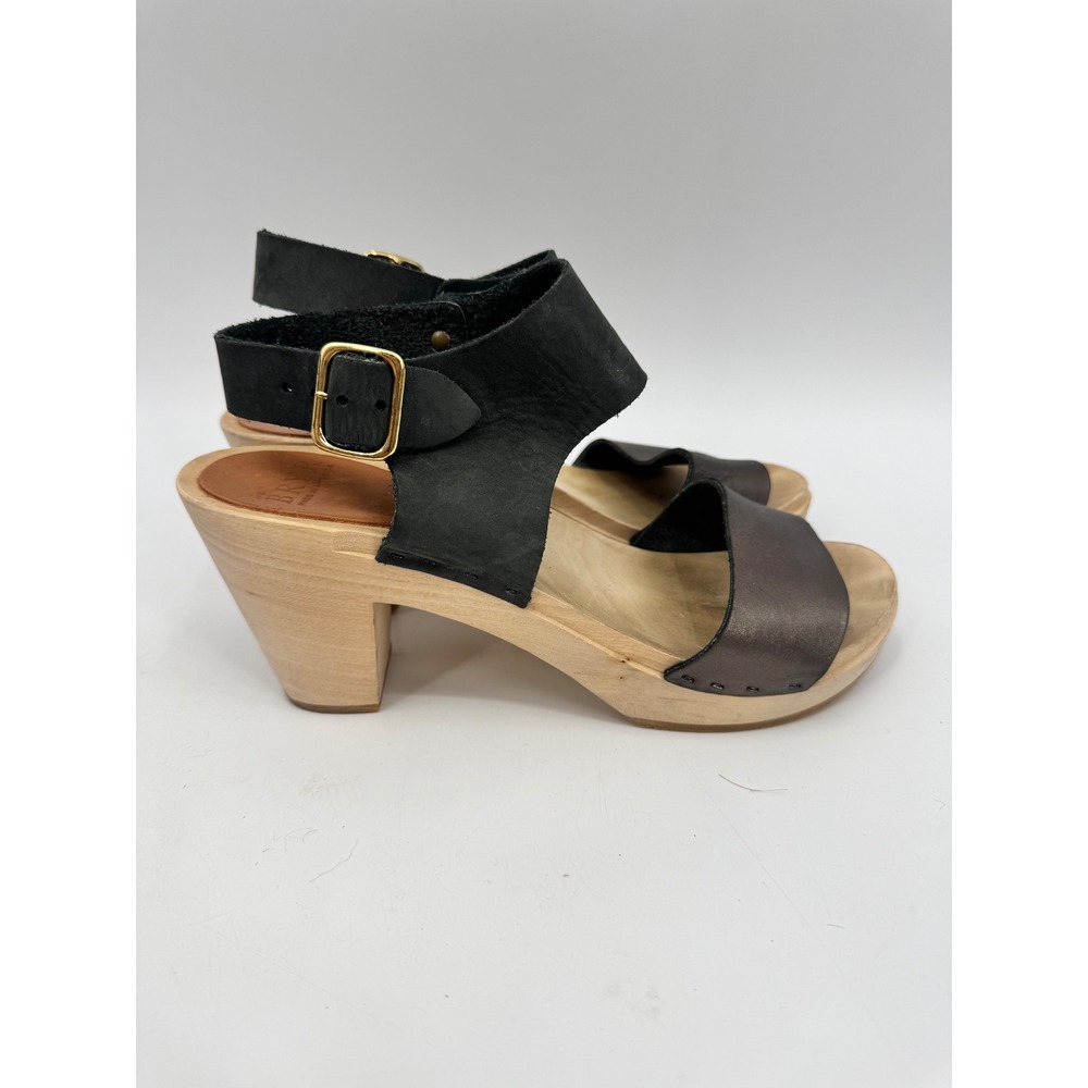 Bryr Clogs Sandals Womens 39 US 8-8.5 Black Metallic Leather Handmade Wooden